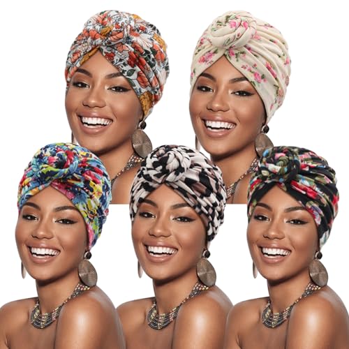 Image of DRESHOW 5 Pack Knotted Headwraps for Women African Turban Pre-Knotted Beanie Headwraps Hair Covers