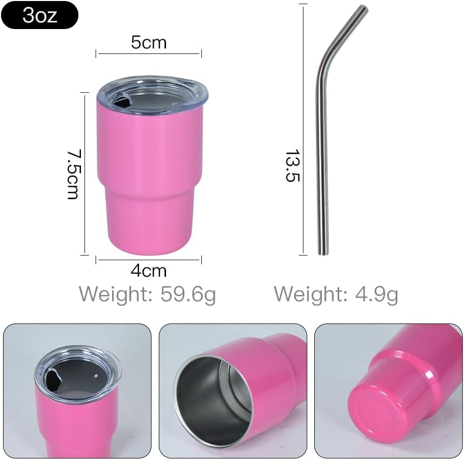 AGH 48 Pcs 3 oz Mini Tumbler Shot Glass with Straw and Lid Colored Stainless Steel Sublimation Tumblers Double Wall Vacuum Insulated Cups