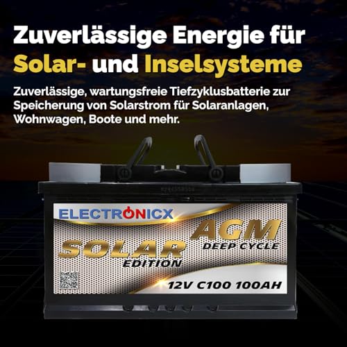AGM Solarbatterie 12V 100Ah – Wartungsfreier Akku für Wohnwagen, Wohnmobil, Mover, Boot & Off-Grid Solarsysteme – Versorgungsbatterie Deep Cycle Solar Edition