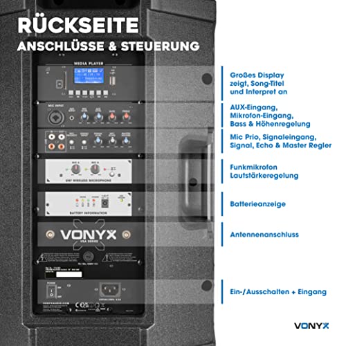Vonyx VSA500 Partybox 800W Mobile PA Anlage Komplettset, Bluetooth Lautsprecher groß mit Akku, inklusive 2 drahtlosen Mikrofonen, Mobiler Lautsprecher, Box mit Mikrofon, Vereine, Karaoke, Events – Bild 4