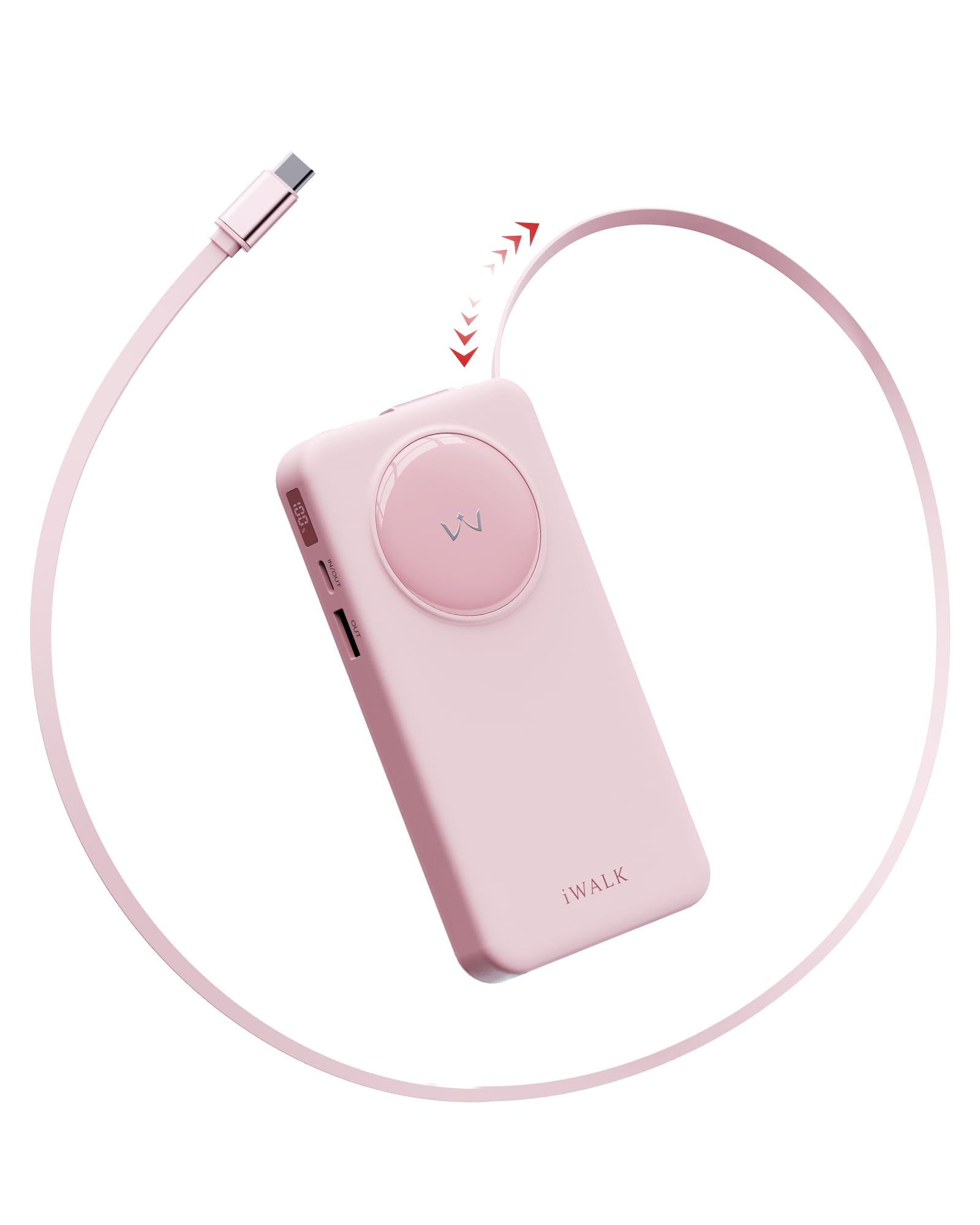 iWALK 10000mAh Slim Portable Charger, 30W PD Fast Charging Power Bank with Built-in Retractable USB-C Cable for iPhone 16/15 Series, Samsung Galaxy 25/24,Google Pixel,MacBook Air,Pink
