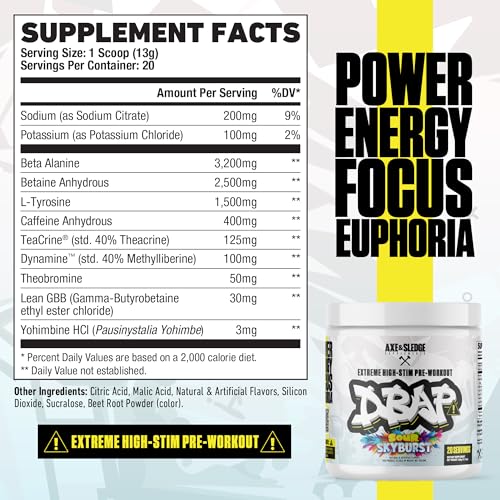 Image of DBAP Extreme High Stim Pre-Workout Powder | 400mg Caffeine | Beta Alanine, Betaine Anhydrous, Electrolytes & Focus | High Stimulant Pre Workout Supplement | 20 Servings,Sour Skyburst