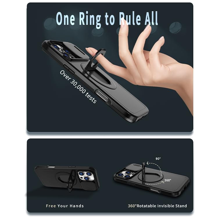 Image of LuxuryKase MagSafe Shockproof Rugged Back Case for iPhone 16 Pro Max | Finger Ring Kickstand & Sliding Camera Cover | Military Drop Protection | Wireless Charging Support - Black