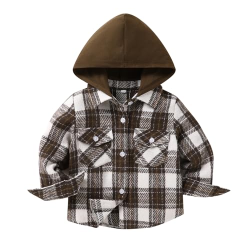 YOUNGER STAR Toddler KidsBaby Boys Hooded Plaid Shirt Classical Shirt Hooded Jacket Fall Winter Clothes (White and Chocolate Colored Grid 12-18 Months)
