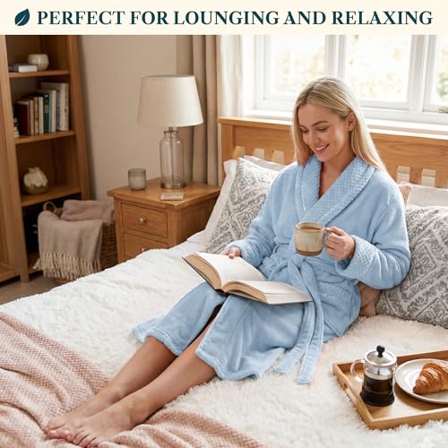 Image of PAVILIA Women's Plush Fleece Robe, Soft Cozy Long Bathrobe with Satin Waffle Trim, Warm Lightweight, Pockets & Tie Belt