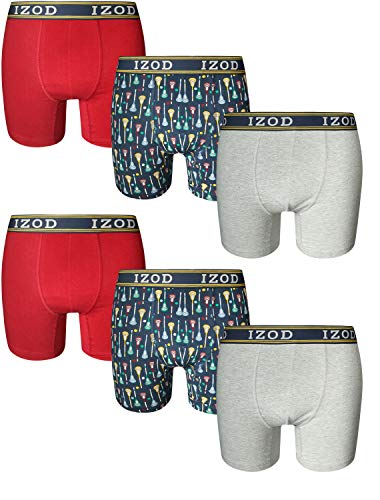 IZOD Men's Cotton Stretch Boxer Briefs with Comfort Pouch (6 Pack), Size Medium, Heather Grey/Blue Print/Red