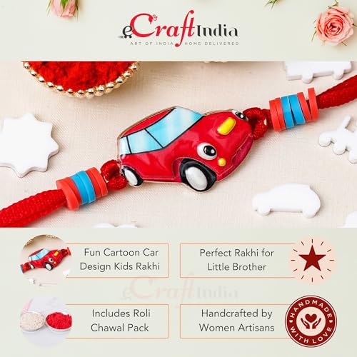Image of eCraftIndia Cartoon Car Rakhi for Kids Brother Boys Girls Sister | Raksha Bandhan Kids Rakhi for Brother Bhai Bhaiya | Best Bro Ever Fridge Magnet | Roli Chawal Pack