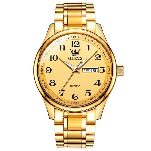 Men's Casual Stainless Steel Watch, Big Face Easy to Read Analog Quartz Watch with Day and Date, Classic Waterproof Diamond Roman Arabic Numerals Dial Dress Watch for Men, Gold Silver Black Band, Gold