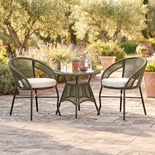 Image of OUTLIVING Init Outdoor Patio Furniture Set | 2 Seater Wicker Chairs with Cushioned Seats & Round Coffee Table | Garden, Balcony, Terrace & Lawn Seating Set - OliveGreen