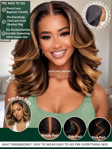 Image of KLAIYI Pre Everything13x4 Lace Front Glueless Bob Loose Body Wave Wig Human Hair Drawstring Ombre Brown Bye Bye Slip Pre Plucked Bleached Knots Ready to Wear and Go Wig with Face Framing Bang 12Inch