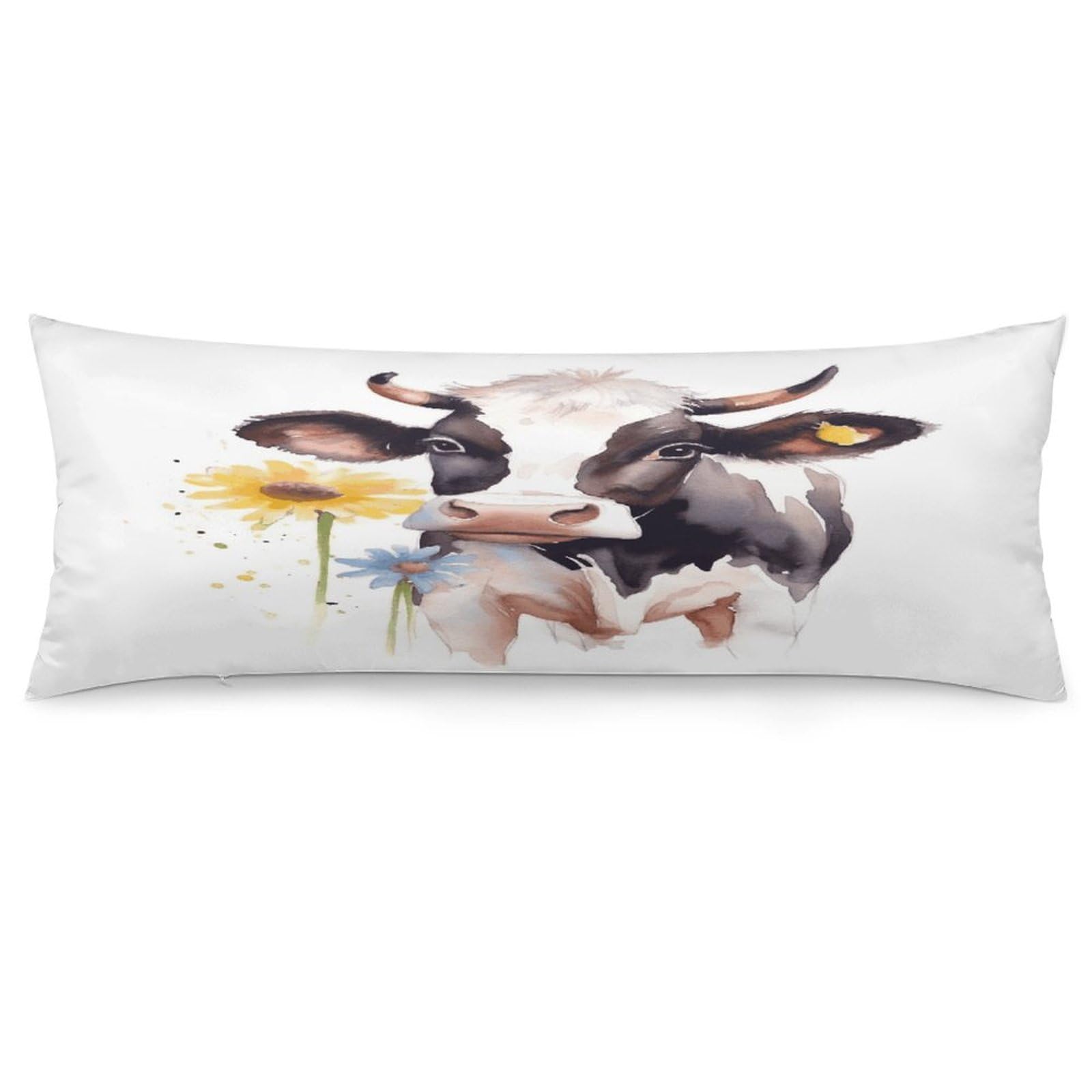 Watercolor Cow and Daisy Flower Throw Pillow Cover Soft Lumbar Pillow Covers with Zipper Breathable Rectangular Cushion Case Polyester Pillow Case Decorative Body Pillow Cover for Couch Bed