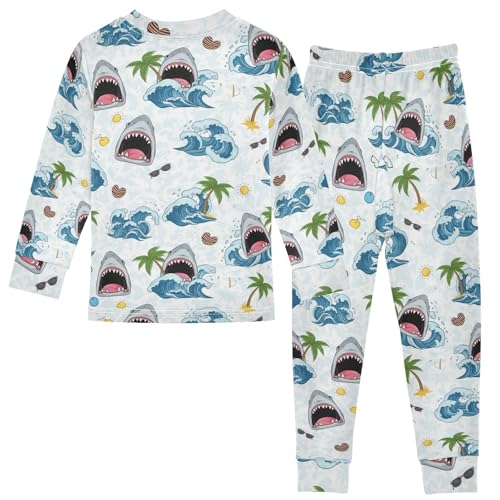 Pajama Sets Long Sleeve Shark Waves Palm Trees Soft Comfy Sleepwear 2 Piece PJS 3-8T3