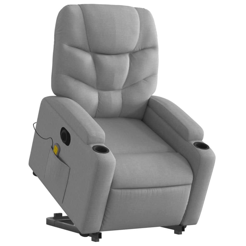 Sillón elevador eléctrico con masaje de 6 puntos y reclinación automática, gris claro de tela, función elevación y vibración, estructura estable de madera