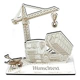 DEKOLANDO Geldgeschenk Aufsteller „LKW-Kipperfahrer“ – Geschenk LKW-Kipper, Kran & Schubkarre – weiß Gravur, 18×19×8 cm – personalisierbar, Geschenkidee für Bauarbeiter & Handwerker