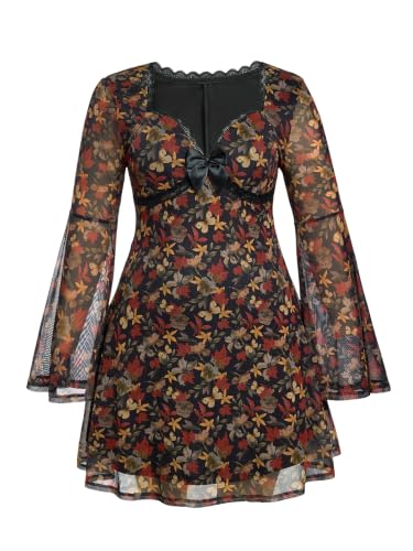 Image of BEAUDRM Women's Y2k Hippie Vintage Boho Dress Leopard Bell Long Sleeve V Neck Bow Mesh Goth Mini Dresses