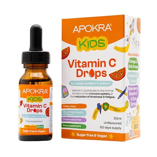 Vitamin C Drops - Vegan - 60 Days Supply 30mL Preservative Free and Sugar Free Vitamin C for Kids - VIT C 25mg per 0.5mL | APOKRA Kids