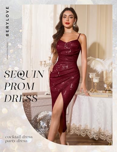 Image of BeryLove Summer Sequin Cocktail Prom Wedding Guest Dresses Sparkly Party Evening Formal Spaghetti Strap Dress