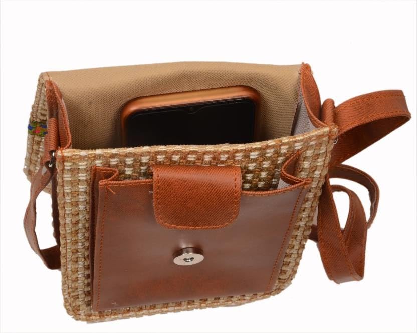 Image of Eco-Friendly Jute Ethnic Side Sling Bag /Cross Body Bag For Women /Girls With Front Mobile Pocket. Flop Closure With Adjustable Shoulder Strap-SLMB01