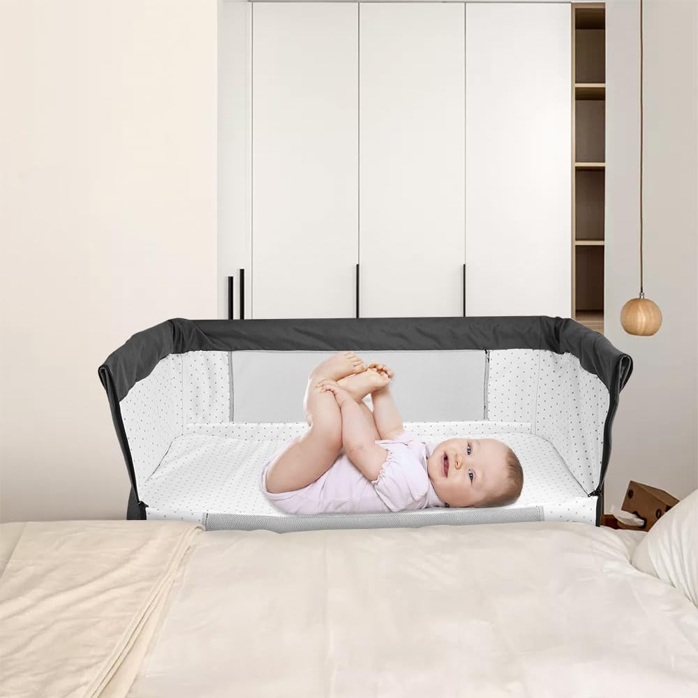 OHMG Bassinet Śpiwór 3 w 1, składane łóżeczko dziecięce, rocking bassinet z materacem i prześcieradłami, regulowana wysokość, zdejmowana oddychająca osłona, łatwe do złożenia (czarny (104 x 52 x 103