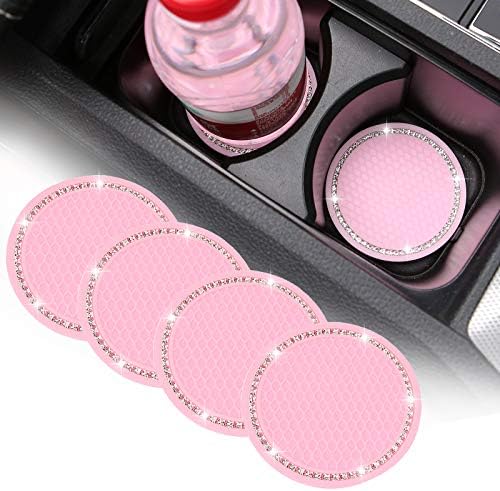 4 Pack Bling Car Coasters, 2.75 Inch Bling Crystal Rhinestone Soft Rubber Universal Anti-Slip Glitter Cup Mats Auto Cup Holder Insert Drink Coaster Car Interior Decoration for Women Girls Pink