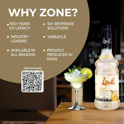 Image of Zone Cane Sugar Flavoured syrup 1000ml | Classic Sweetener & Drink Mixer for Cocktails, Mocktails, Coffees, Iced Teas, Lemonades, Milkshakes & Desserts | Premium Bar Syrup 1 Litre - More Servings, Perfect For Cafe Restaurants & Professional Use