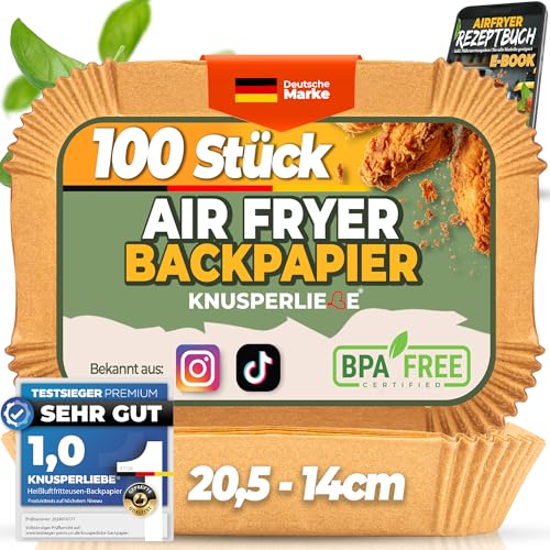 KNUSPERLIEBE® Backpapier für Heißluftfritteuse mit Doppelkammer,100 Stück, 20 x 14 x 4,5 cm Rechteckig, Airfryer Papier ...