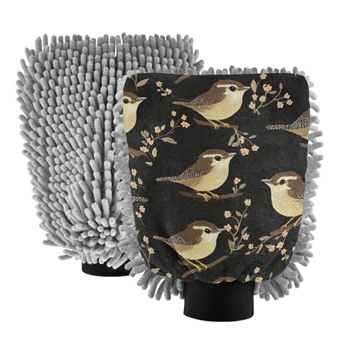 Cartoon Carolina Wren Birds Black Microfiber Wash Mitt 2 Pack Car Washing Glove Scratch Free Detailing Gloves for Cleaning Wash