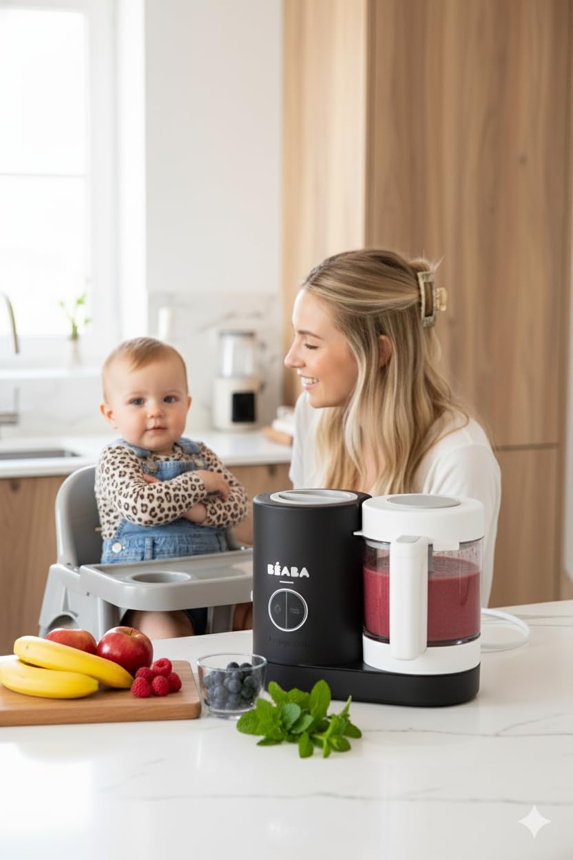 BÉABA Babycook Néo 6-in-1 Babynahrungszubereiter Dampfgarer Mixer Glas-Schüssel Edelstahl-Behälter Schwarz