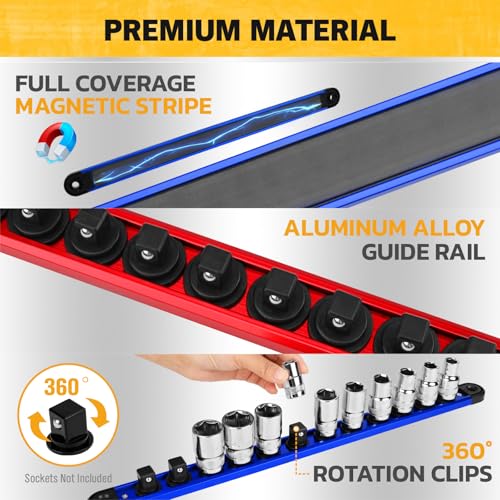 Image of 5-Piece Magnetic Socket & Bit Organizer Kit, 1 /4 inch 3 /8 inch 1 /2 inch Heavy Duty Socket Holder Holds 40 Clips, Aluminum Sockets Rail for Tool Box Drawer, 1 /4 inch Slidable Drill Bit Organizer Holds 80 Bits
