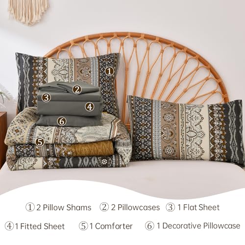 Image of Cottolester Boho Queen Comforter Set 8 Pieces,Brown Black Bohemian Comforter Paisley Striped Bed in A Bag,Soft Microfiber Bedding Set for All Season