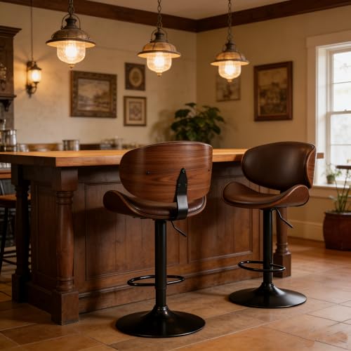Image of HealSmart Swivel Bar Stools Set of 2, PU Leather, Adjustable Height Bentwood BarStools with Ergonomic Back and Footrest, Ideal for Bar Stools for Bar Counter, Home Kitchen, Dining Room, Brown