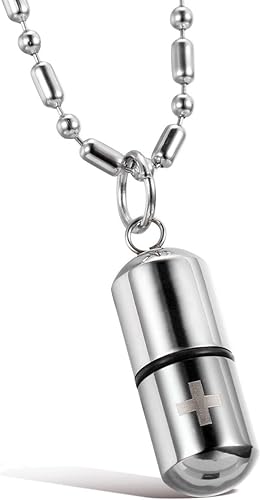 OIDEA Stainless Steel Pill Case Capsule Cross Medicine Keepsake Pendant Necklace Jewelry for Women and Men 22 inch Chain