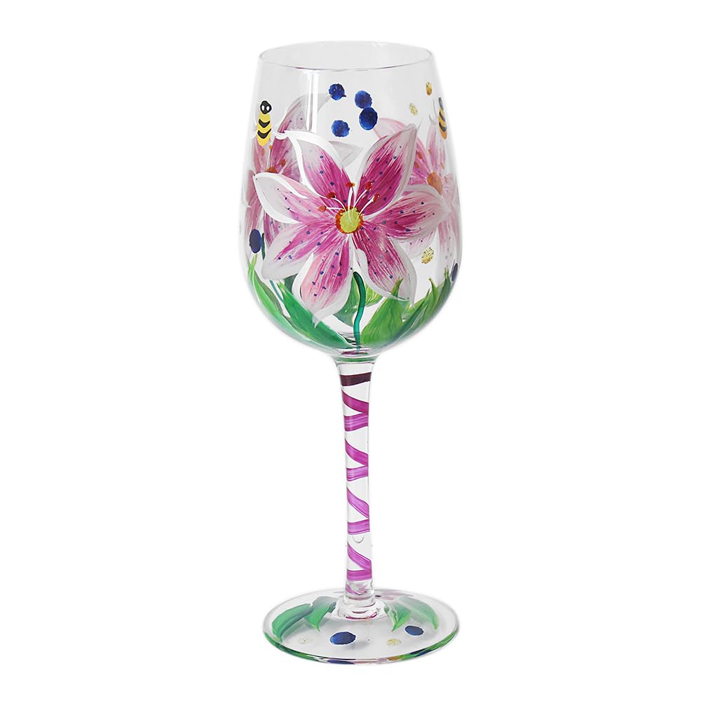 Lesser & Pavey Lynsey Johnstone Pink Lilies Wine Glass for Home, Kitchen, Restaurant & Parties | Lovely Wine Glassware for Drinks | Lovely Gift for Women, Men, Wedding & Christmas