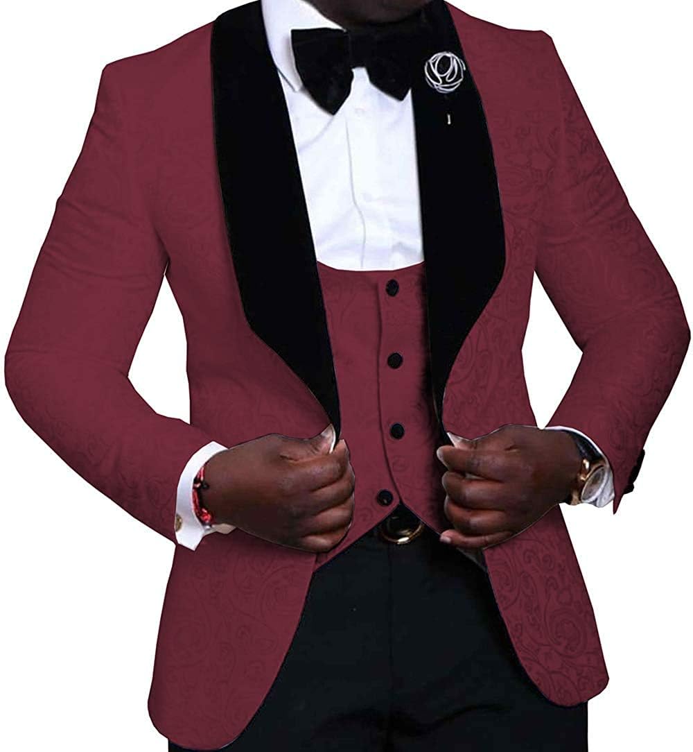 Men's 3 Pieces Mens Suit Jacquard Slim Fit Shawl Lapel Tuxedos for Wedding Groomsmen(Blazer+Vest+Pants)