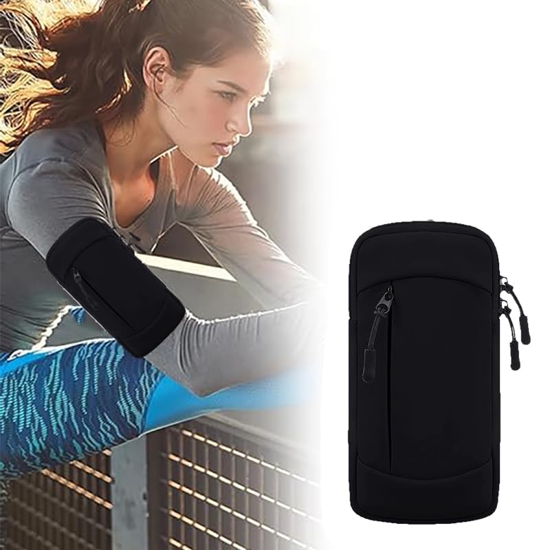 Bolsa de braço para celular masculina e feminina, esportiva, à prova d'água e leve, preta