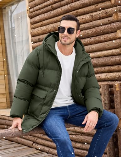 Xnova Winterjacke Herren Gefütterte Lang Steppjacke Bubble Jacket Winddicht Warme, Wasserabweisend Parka Mantel mit Kapuze (Grün, L)