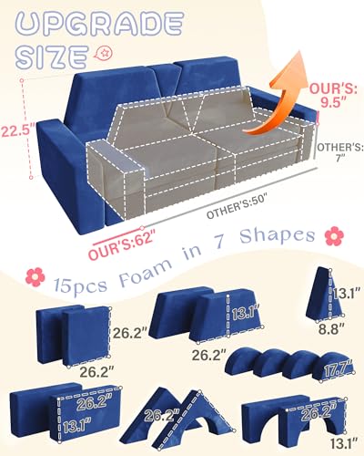 Image of YEFU 15pcs Modular Kids Play Couch，1000+ Imagination Creative Play | for kids ages 1+,7 shapes,countless configurations,30D high-density foam,fort building,washable cover, playroom,birthday gift