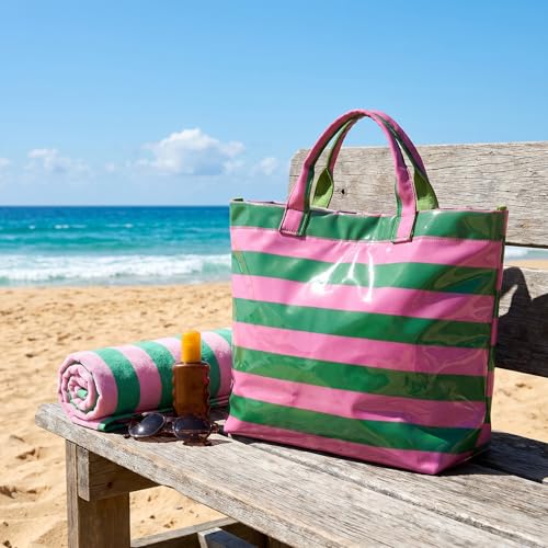 Image of Striped PVC Tote Bag for Women, Waterproof Plastic Hobo Handbag Summer Tote for Beach, Pool & Ideal Gift