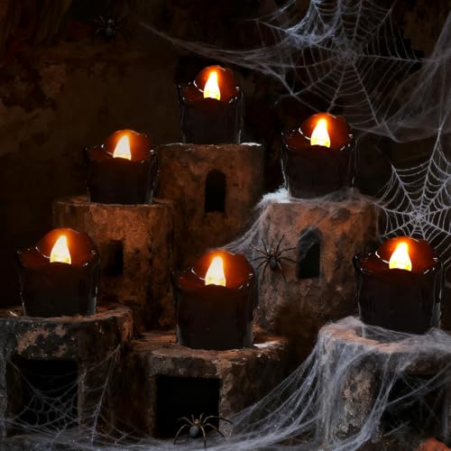 12 Stück Schwarz LED Teelichter Halloween Deko, Flackernde...
