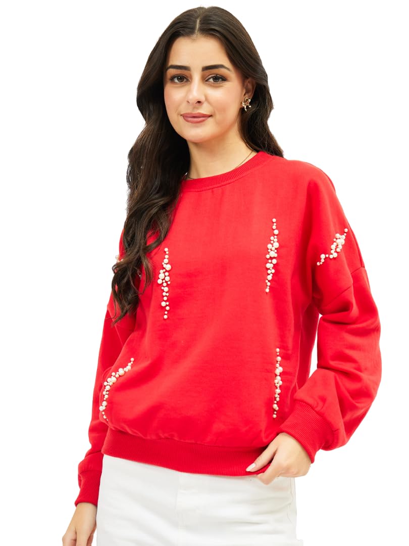 Women’s Red Pearl-Embellished Sweatshirt | Soft Casual Pullover | Stylish Pearl Detail Winter Sweatshirt for Women-image-36