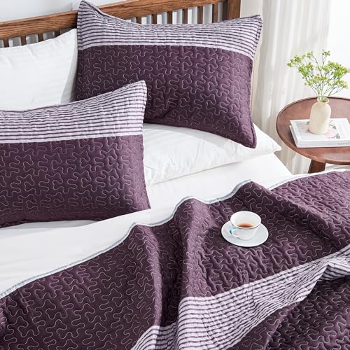 Image of Andency Striped Quilt Set King(106x96Inch), 3 Pieces (1 Purple Quilt and 2 Pillowcases) Purple and Grey Striped Bedspread Coverlet, Lightweight Soft Quilted Bedding Set