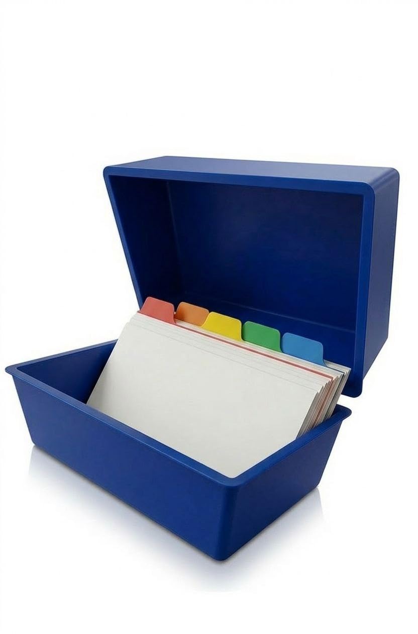 indigo® 6x4 Index Card Box Blue with A–Z Coloured Guide Cards – Durable Filing Storage Box for 6x4 Cards, Office, Home & School Organiser