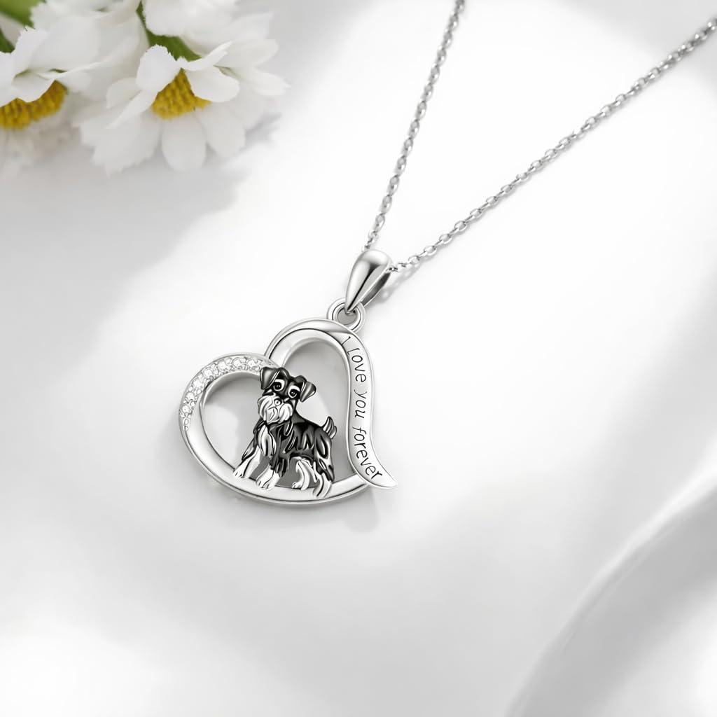 SUPAC Schnauzer Dog Heart Pendant Necklace, Stainless Steel, Crystal Accent, I Love You Forever, 19.7 inch Chain