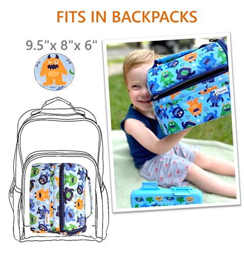 Toddler Lunch Box With Water Bottle, Insulated Lunch Bag For Baby Boy Daycare, Kids Boys Pre-School Kindergaren Container Boxes For Snacks, Blue Cute Monsters #TOP4