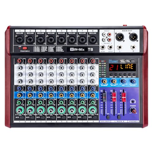 W IN-MIX 8 Channel Audio Mixer Bluetooth/USB 48V Phantom 24 DSP Effects for DJ Podcast Live Streaming Karaoke