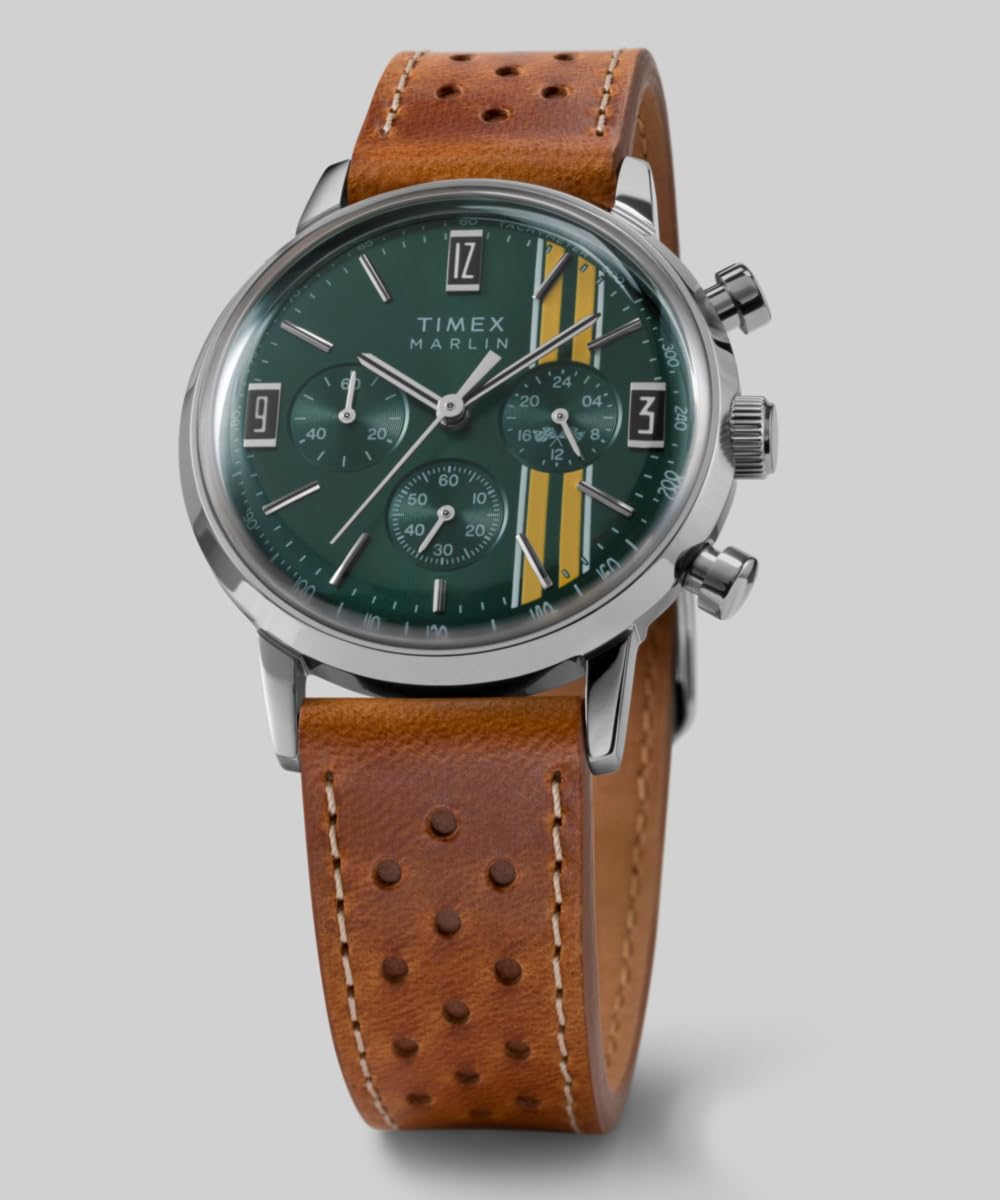 Timex Marlin Chronograph Tachymeter Tw2W99100 Zegarek Męski, 40 mm, Brązowy Skórzany Pasek, Zielona Tarcza i Koperta ze Stali Nierdzewnej