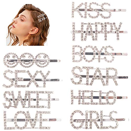 DeD 10 Pieces Rhinestone Letters Hair Pins Sparkly Letter Hair Clip Word Barrettes Pins Hair Accessories for Women Lady