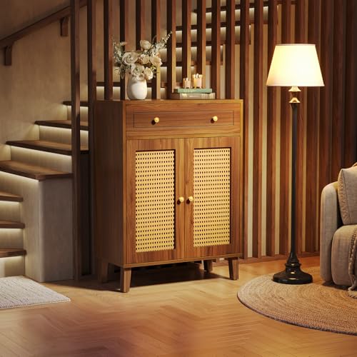 LITTLE TREE Shoe Cabinet for Entryway, 4-Tier Shoe Organizer with Adjustable Shelves & Drawer, Freestanding Brown Shoe Cabinets with Rattan Doors for Hallway, Bedroom, Living Room