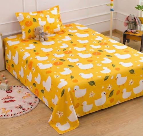 Image of RD FABS Glace Cotton Wrinkle Free Soft Hypoallergenic Single Bed Sheet with 1 Pillow Cover | Cartoon Printed | Kids Bedsheet for Boys & Girls Room | 60x90 Inches | Yellow | Duck | 144 tc