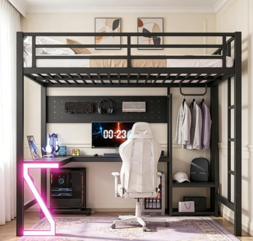 Image of Bellemave Full Size Loft Bed with Desk and USB Ports, Computer Tray, Peg Board LED, Metal Full Loft Bed Frame for Adults, Kids, Teens, Black